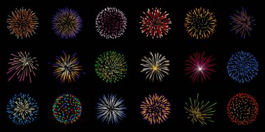Havai fişek vektörü ayarlandı. Yeni yıl kutlama kartı, poster, davetiye, afiş, illüstrasyon için siyah arka planda izole edilmiş gerçekçi renkli havai fişek koleksiyonu