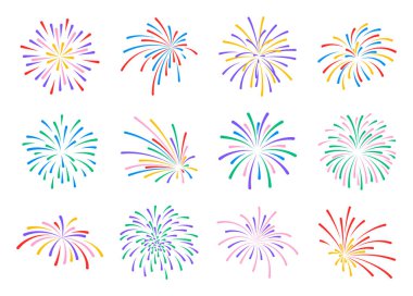 Havai fişekler hazır. İzole edilmiş arka planda renkli havai fişek ikonu koleksiyonu. Yılbaşı illüstrasyonları, poster, kart, davetiye, afiş, el ilanı için kutlama simgeleri
