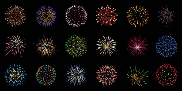 Havai fişek vektörü ayarlandı. Yeni yıl kutlama kartı, poster, davetiye, afiş, illüstrasyon için siyah arka planda izole edilmiş gerçekçi renkli havai fişek koleksiyonu