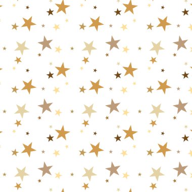 Altın yıldızlı kusursuz desen. Yıldızların arka planı. Beyaz arkaplanda altın vektör yıldız simgeleri