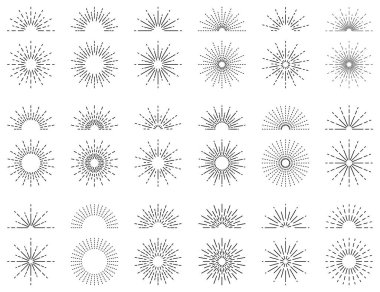Güneş patlaması, gündoğumu simgeleri, güneş ışığı vektör sembolleri, güneş ışınları veya izole arkaplanda gün batımı koleksiyonu