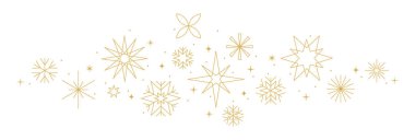 İzole edilmiş arka planda altın Noel süslemesi, yıldızlarla, kar taneleriyle ve havai fişeklerle sınır çizgisi dalga deseninde simgeler, kutlama unsurları dekorasyonu