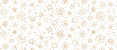 Beyaz arka planda kar taneleri, yıldızlar ve havai fişek kuyruğu simgeleri, altın süslemeli Noel arkaplanı, Yeni Yıl kutlamaları şenlik desenli