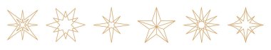 Altın yıldız simgeleri seti, Noel yıldızı sembolleri koleksiyonu, minimalist geometrik stil yıldız şekli, çizgi sanat bayramı süslemeleri