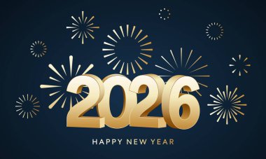 Mutlu yıllar 2026 altın 3D tebrik kartı tasarımı havai fişek arka planı, 2026 3D numara, altın havai fişek afişi