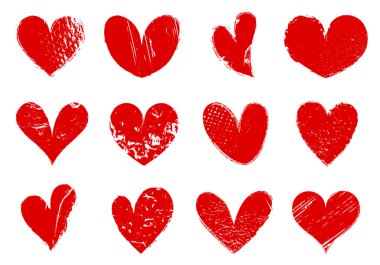 Kırmızı kalp grunge simgeleri seti, şeffaf arkaplanda karalama kalp vektör sembolleri koleksiyonu