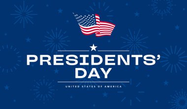 Havai fişek geçmişi olan Başkan Günü posteri, ABD bayrağı ve mesajı olan Başkanlık Günü kartı, Başkanlık Günü afişi.