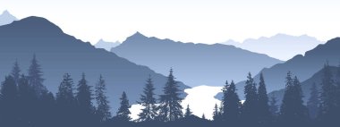 Dağ arka planı, göllü orman manzarası, köknar ağaçları vektör silueti, tepeler ve dağ nehir bayrağı.