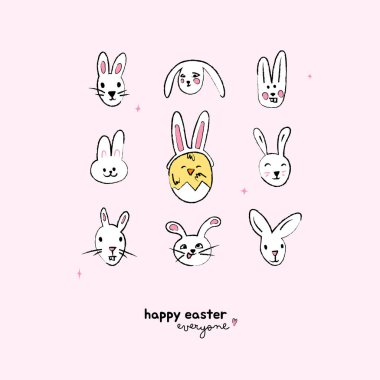 Paskalya Tavşanı Kart Şablonu. Mutlu Paskalya tasarımı, sevimli paskalya tavşanı yüzleri ve tavşan kulaklı komik bir piliç. Yazılı Paskalya posteri