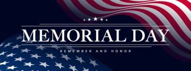 ABD bayrak arkaplanı ve beyaz tipografi metniyle ABD Anma Günü pankartı, Amerikan bayrağını sallayan ABD Anma Günü yatay afişi