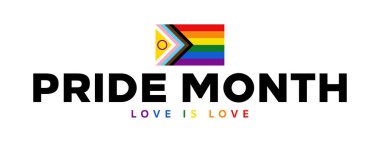 LGBT gökkuşağı bayrağıyla izole edilmiş arkaplan üzerinde Gurur Ayı tipografisi logosu ve Aşk renkli bir metindir, Gurur Ayı pankartı