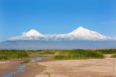 Bulutlar içinde Ağrı Dağı, yeşil sazlıkile Yeraskh görünümü bir
