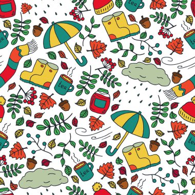 Karalama stilinde sonbahar pürüzsüz desen. Sonbahar teması: yağmur, düşen yapraklar, sıcak kıyafetler ve sıcak çay. Bir vektör resmi.