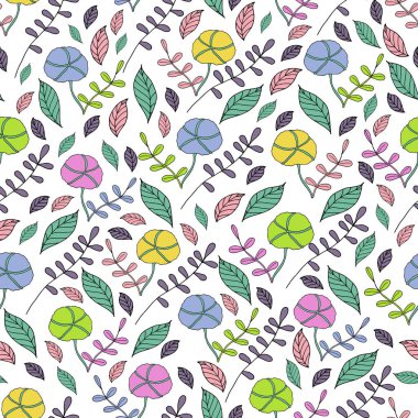 Çocuk resimleri: renkli pamuk ve beyaz arka planda yapraklar. Yumuşak pastel renkli bir resim. Çocuk tekstil, geçmiş ve ambalaj ürünleri için.