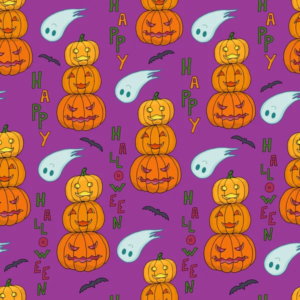 Patrón Sin Costuras Con Calabazas Fantasmas Murciélagos Texto Feliz Halloween — Archivo Imágenes Vectoriales