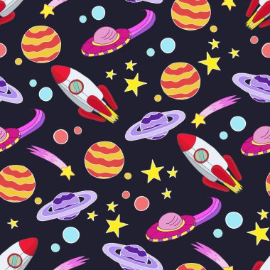Uzay temalı bir model: uzay, UFO 'lar, gezegenler ve meteor yağmuru. Vektör kusursuz desen. Çizgi film çizimi. El çizimi