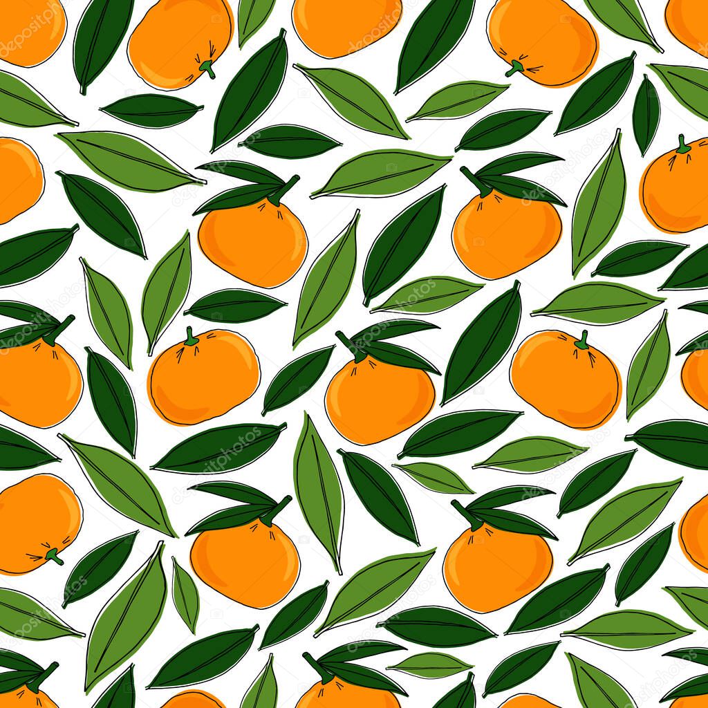 Botanical illustration: tangerines and leaves. Seamless pattern with fruit.A vector image.