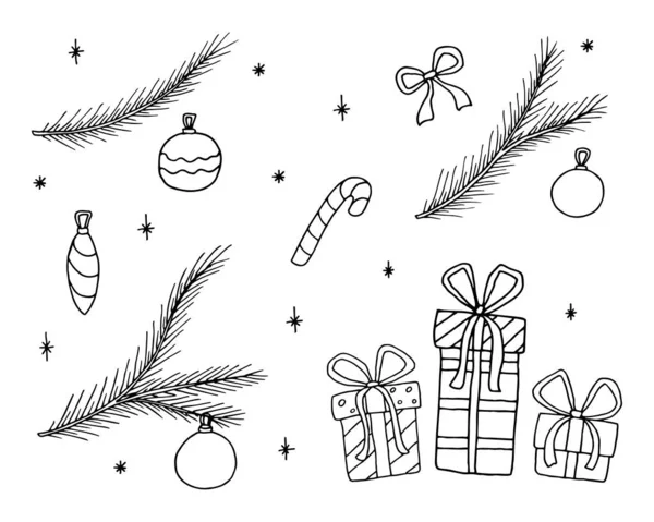 Weihnachtsset Weihnachtskugeln Schneeflocken Geschenkschachteln Fichtenzweige Ein Neujahrsset Stil Eines Doodle — Stockvektor