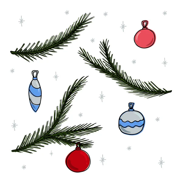 Set Navidad Bolas Navidad Copos Nieve Ramas Abeto Conjunto Año — Vector de stock