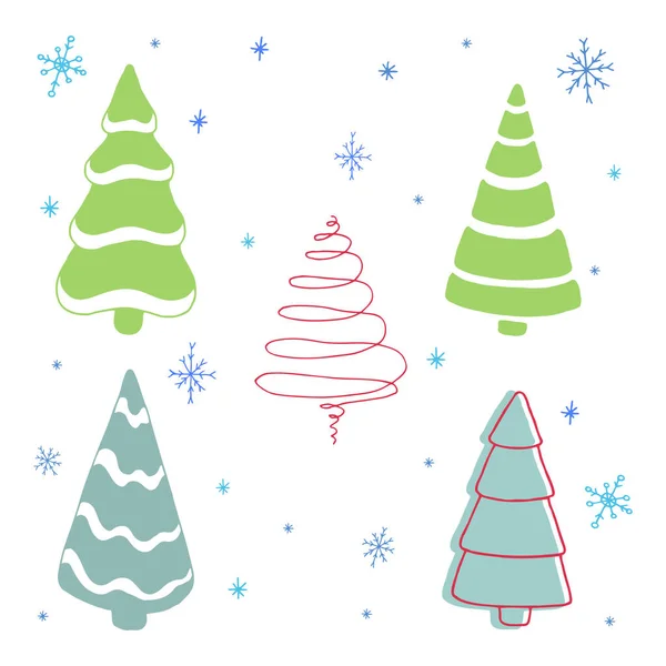 Conjunto Árboles Navidad Decorativos Copos Nieve Dibujo Manual Una Imagen — Vector de stock