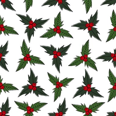 Holly ve böğürtlenli kusursuz Noel deseni. Bir vektör resmi.