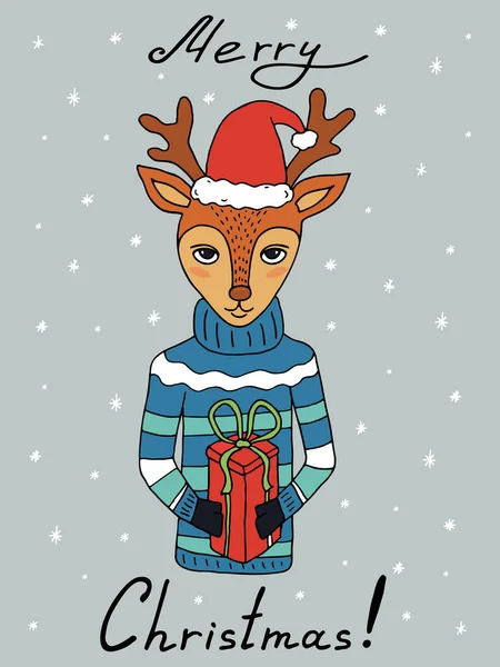 Weihnachtsillustration Ein Hirsch Pullover Und Mit Einem Geschenk Illustration Mit — Stockvektor