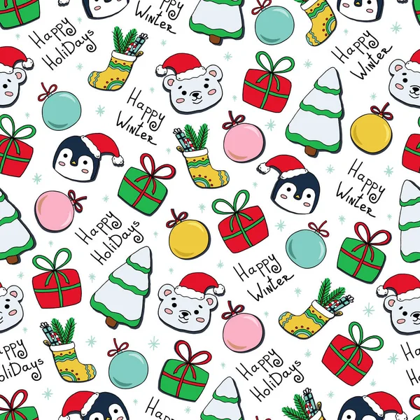 Patrón Navidad Sin Costuras Con Lindo Oso Polar Pingüino Regalos — Archivo Imágenes Vectoriales