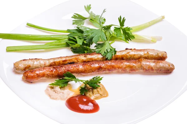Fried Munich sausages with sauces, green onion and parsley — Stock Photo, Image