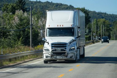 Kanada, 14 Ağustos 2025: Kırsal yolda orman arka planında görünen beyaz kamyonet