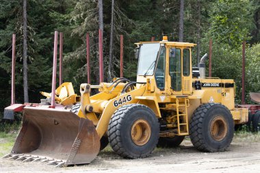Kanada, 09 Eylül 2025: Büyük sarı yükleyici kütük taşıma ekipmanlarının yanındaki ormana park edildi