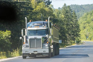 Kanada, 14 Ağustos 2025: Büyük kargo kamyonu yemyeşil ormanlarda boş otoyolda ilerliyor