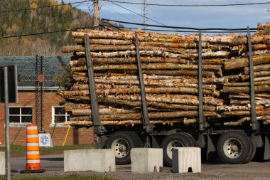 Kanada, 14 Ekim 2025: Kilisenin yakınına park edilmiş büyük tomruk kamyonu, turuncu trafik fıçısı görünür.