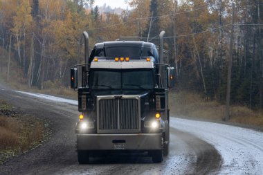 Kanada, 08 Ekim 2025: Büyük siyah kamyonet yalnız orman sonbahar kavşağında ilerliyor