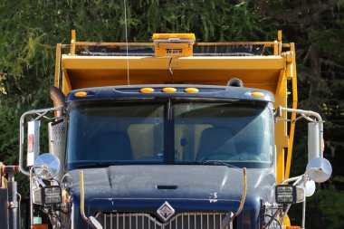 Kanada, 27 Eylül 2025: Sarı inşaat kamyonu sık yeşil orman ağaçlarının önüne park edildi