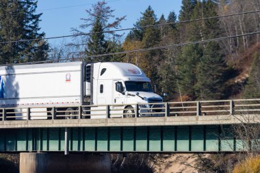 Kanada, 17 Ekim 2025: Güneşli sonbahar öğleden sonrasında orman köprüsünden geçen beyaz kamyonet