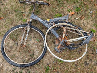 Kanada, Quebec, 29 Ekim 2025: Paslı terk edilmiş tekerlekler çimenli zeminde yatıyor