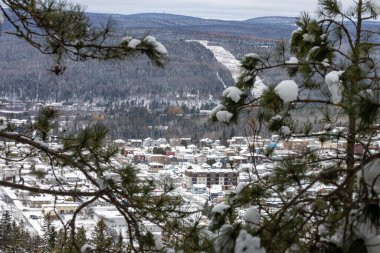 Kanada, Quebec, 15 Kasım 2025: Karlı çam dalları uzak tepelerdeki kış kasabalarını çerçeveliyor