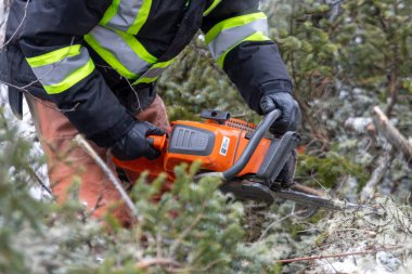 Kanada, Quebec, 05 Aralık 2025: Turuncu testere kullanan yüksek görüşlü orman işçisi
