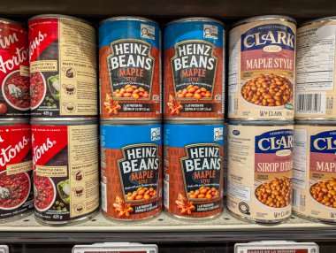 Canada, Montreal, 22 December 2025 : Cans of Tim Hortons Chili and Maple Style Beans