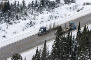 Kanada, 22 Ocak 2026: Karlı dağ yolu, kış ormanlarında iki kereste kamyonu