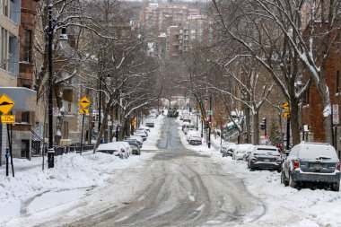 Kanada, Montreal, 25 Aralık 2025: Park halindeki arabalar, ağaçlar ve binalarla karla kaplı cadde, kış mevsimi.
