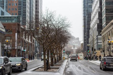 MONTREAL, CANADA, 22 Aralık 2025: Kışın şehir caddesi, ışıklı çıplak ağaçlar, şehir manzarası, arabalar ve binalar, bulutlu hava