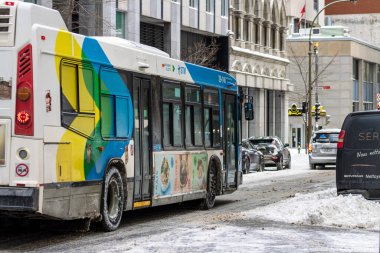 Kanada, Montreal, 24 Aralık 2025: Karlı şehir caddesinde kış trafiğinin ortasında şehir otobüsü