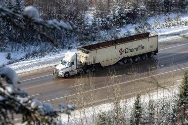 Kanada, 22 Ocak 2026: Kamyon kış ormanlarında karlı yolda