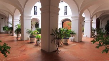 La Rabida Manastırı, Palos de la Frontera 'da beyaz kemerli, terasotta zeminli ve yeşil bitkilerle geleneksel İspanyol avlusu..