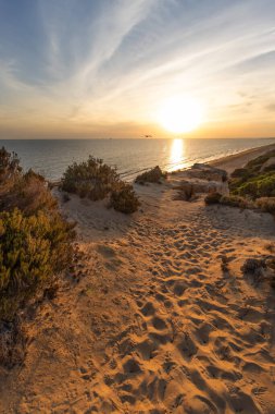 Mazagon, İspanya 'nın kum tepelerinden Atlantik kıyısının altın saat manzarası. Kumda ayak izleri ve sıcak güneş ışığı olan manzaralı kıyı manzarası..
