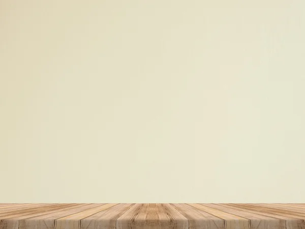 Tampo de mesa de madeira tropical vazio com parede de pedra branca, fundo Mock up para exibição de produto — Fotografia de Stock