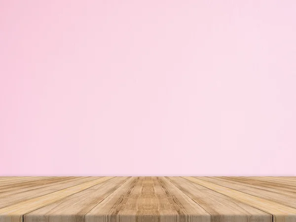 Vyprázdněte tropické dřevo stolu s růžovými betonové zdi, vycpat se pozadí pro zobrazení produktu — Stock fotografie
