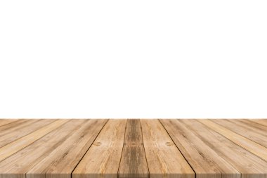Boş hafif ahşap masa üstü beyaz arka plan üzerinde izole et. Arka plan - ekran veya montaj için kullanılabilir veya ürünlerinizi kadar alay yerleştirme için boşluk bırakın.