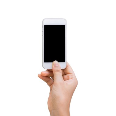 Izole kadın el içinde beyaz kırpma yolu üzerinde beyaz ekran lı bir telefon tutan.